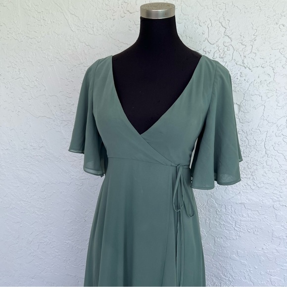 Jenny Yoo BHLDN Ari Bridesmaid Dress Flutter sleeve Gown in Eucalyptus Green 2 - Picture 3 of 11